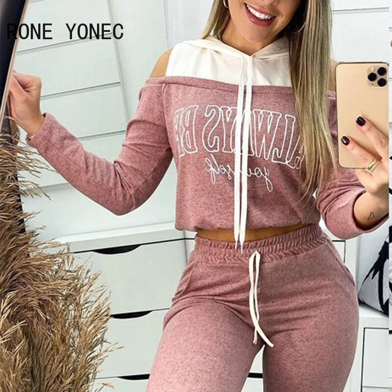 Női alkalmi hosszú ujjú szalagos levél hideg váll sportos patchwork fényes nadrág szettek