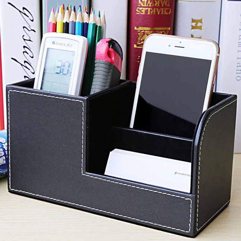 Stolný úložný box Multifunkčný držiak na pero Kreatívny organizér Box pre kanceláriu Domáci čierny PU držiak na diaľkové ovládanie