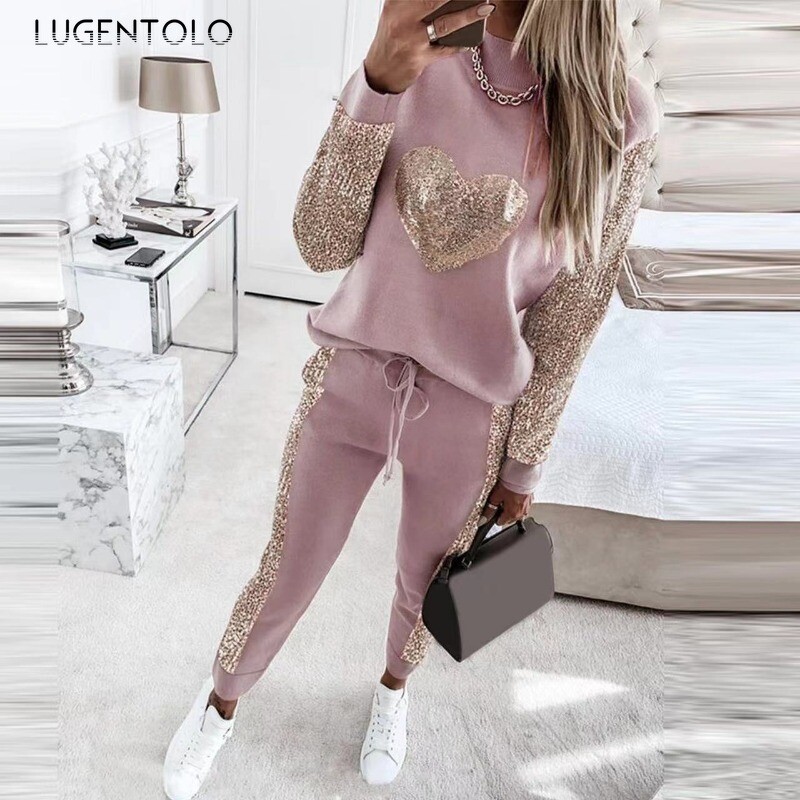 Set 2 bucăți ocazional pentru femei 2024, nou toamnă, cu decolteu în formă de paiete, hanorac cu cordon, pantaloni de jogging subțiri, haine de petrecere pe stradă.