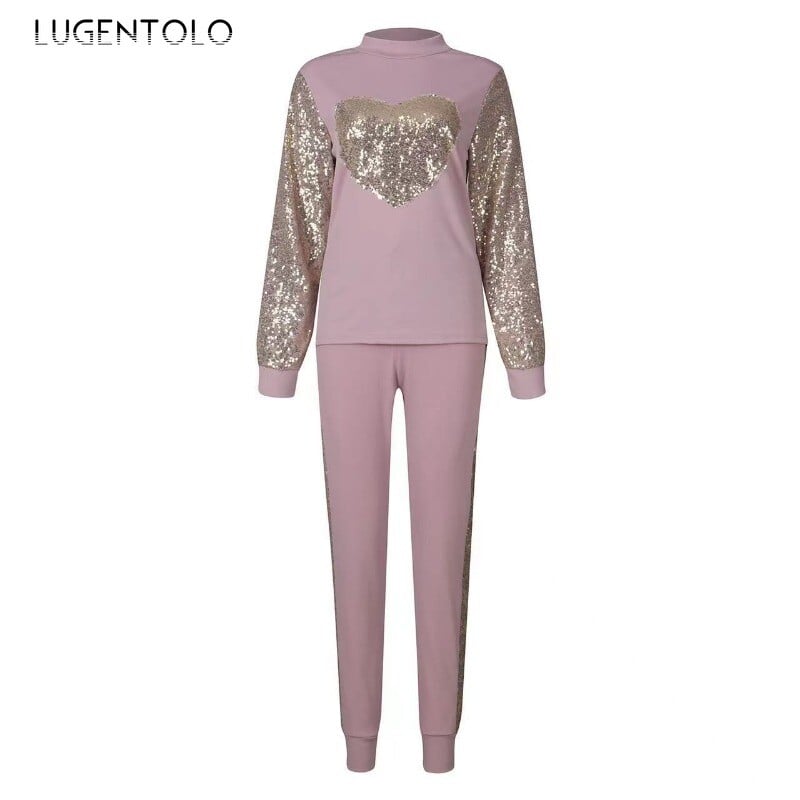 Set 2 bucăți ocazional pentru femei 2024, nou toamnă, cu decolteu în formă de paiete, hanorac cu cordon, pantaloni de jogging subțiri, haine de petrecere pe stradă.