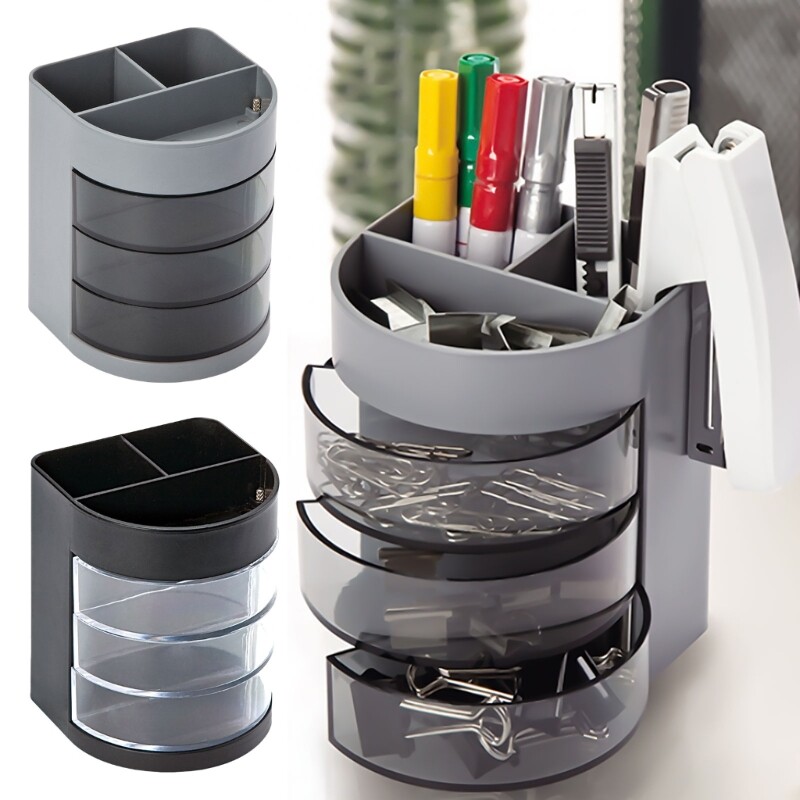 Daudzfunkcionāli pildspalvu organizētāji ar 3 caurspīdīgu, grozāmu atvilktni, viegli pieejamu vietu taupošu zīmuļu turētāju biroja galda organizētājiem