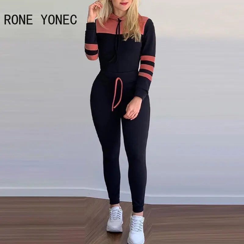 Női divat, alkalmi, hosszú ujjú, húzózsinóros patchwork, kapucnis vékony, sportos nadrág szettek