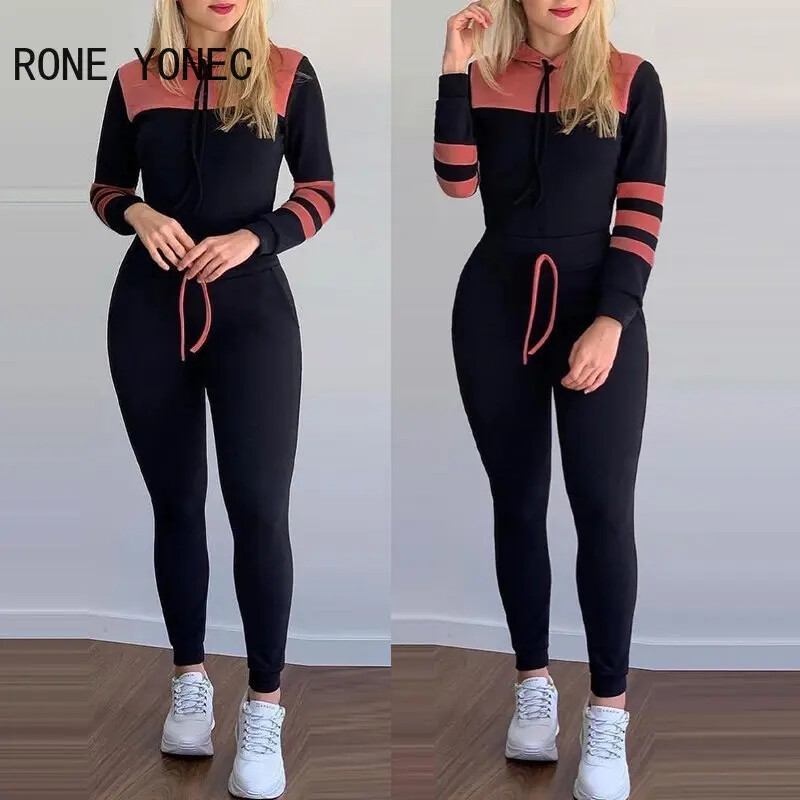 Női divat, alkalmi, hosszú ujjú, húzózsinóros patchwork, kapucnis vékony, sportos nadrág szettek