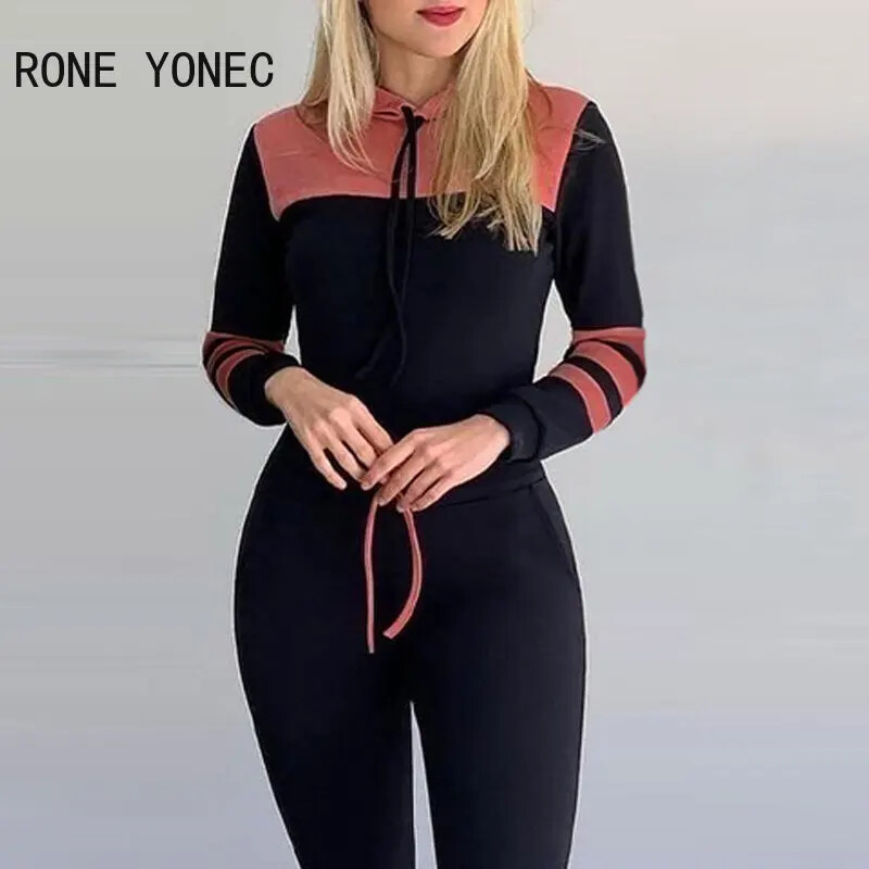 Női divat, alkalmi, hosszú ujjú, húzózsinóros patchwork, kapucnis vékony, sportos nadrág szettek