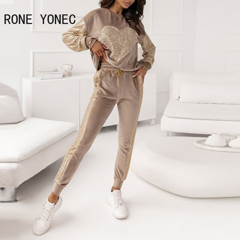 Női szív mintás kerek nyakú hosszú ujjú rugalmas derék flitterek dekoráció sportos pulóver nadrág szett