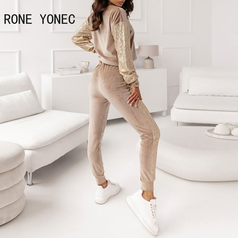 Női szív mintás kerek nyakú hosszú ujjú rugalmas derék flitterek dekoráció sportos pulóver nadrág szett