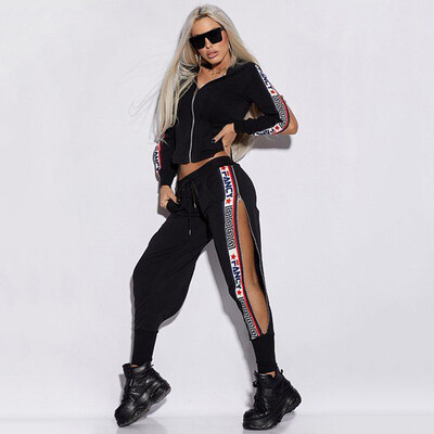 Oshoplive Jachete și pantaloni cu glugă cu două părți despărțite Costume casual cu litere cu imprimeu Set 2 piese Femei Set de gimnastică cu fermoar Femei Îmbrăcăminte sportivă pentru timpul liber