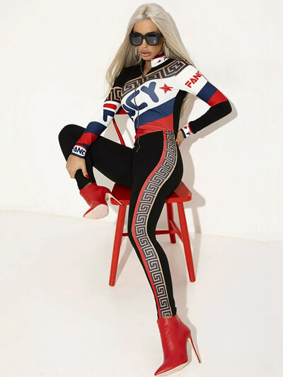 Oshoplive Fashion alkalmi sportbetűs Bodysuit elöl cipzárral nyomtatott hosszú ujjú jumpsuitek nőknek