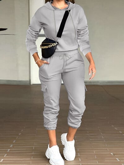 Dámske teplákové súpravy LW Plus Size s kapucňou a golierom, vreckom a šnúrkou, s dlhým rukávom, jar/jeseň, dvojdielne