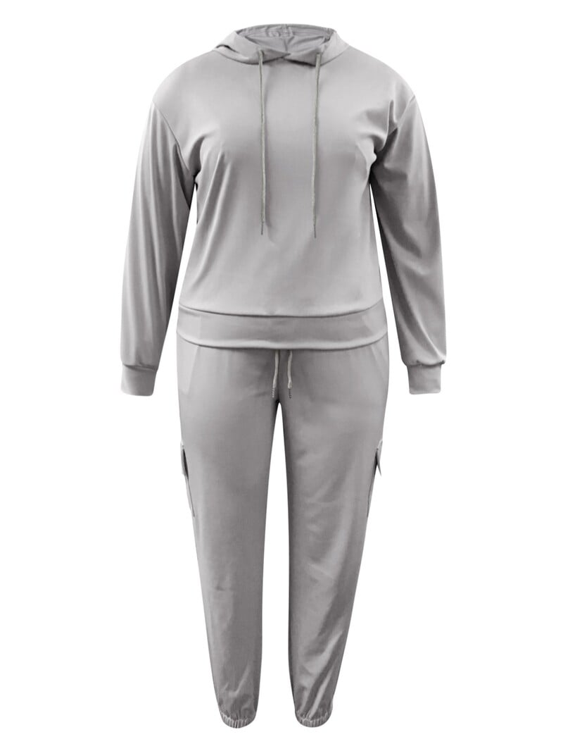 Dámske teplákové súpravy LW Plus Size s kapucňou a golierom, vreckom a šnúrkou, s dlhým rukávom, jar/jeseň, dvojdielne