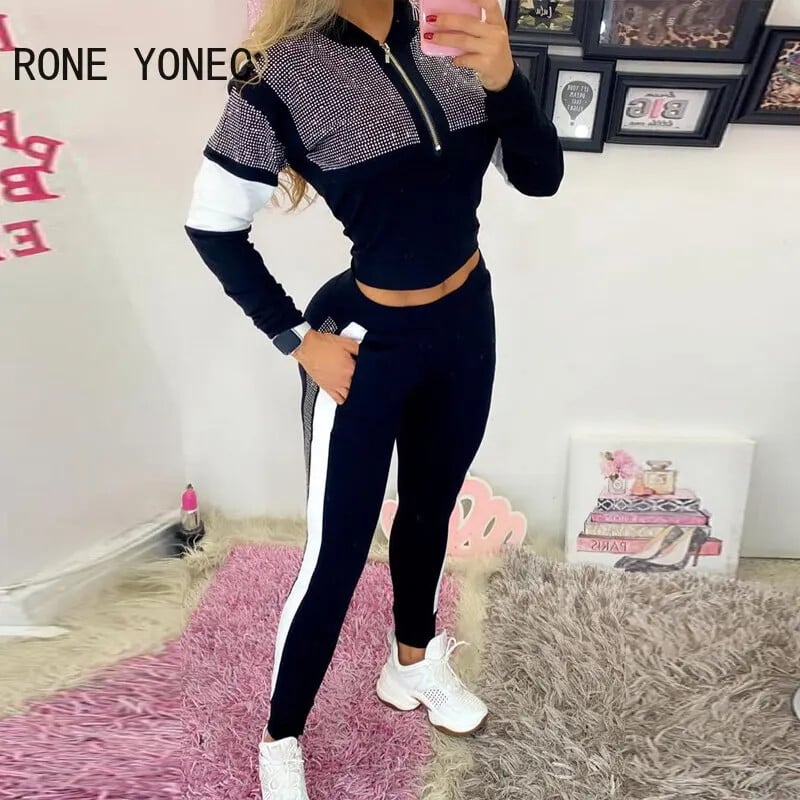 Moterų mados laisvalaikio ilgomis rankovėmis su gobtuvu Kalnų krištolinis dekoras su užtrauktuku sportinių kelnių rinkiniai