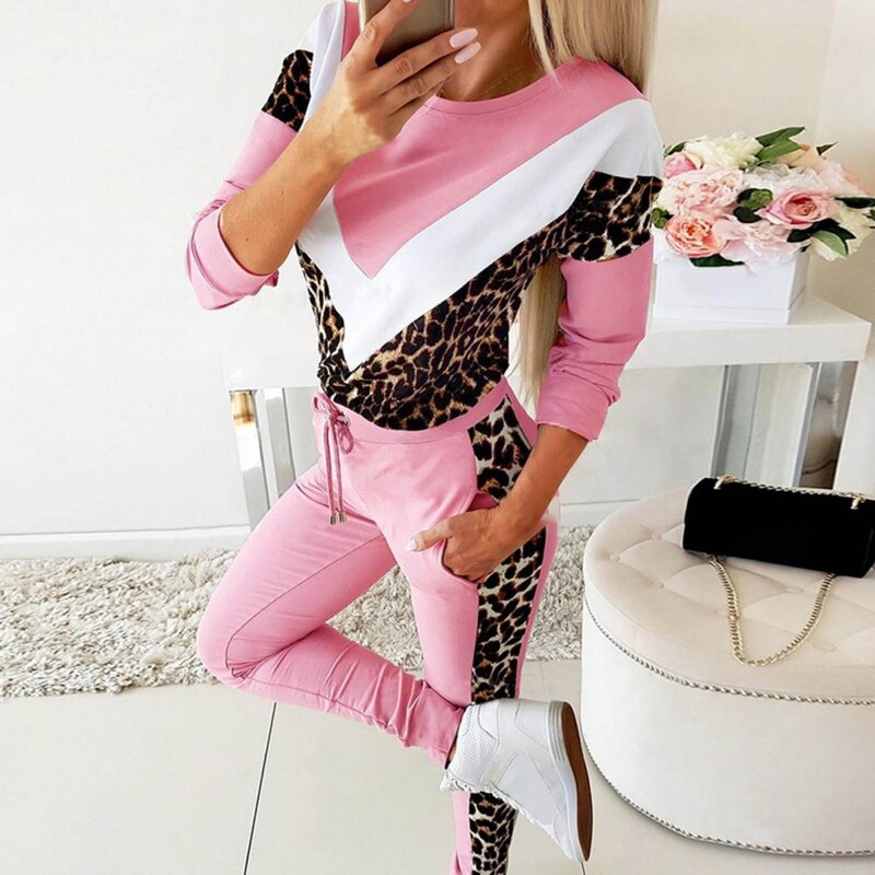 Dvojdielna súprava dámskych teplákov, jarné oblečenie s leopardím potlačou, mikina a nohavice, joggingové súpravy, dámske športové outfity