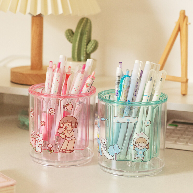 Suport rotativ pentru stilouri cu cusături acrilice Kawaii, cutie de depozitare pentru papetărie, masă din acril, cutie de depozitare pentru dormitor, papetărie școlară