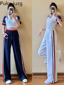 Ležérny športový top s krátkym rukávom, dvojdielna súprava, tepláková súprava, streetwear, sveter s klopou a široké nohavice, obleky, tepláková súprava