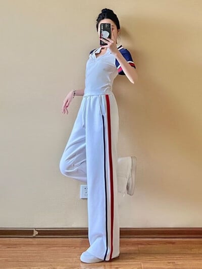 Ležérny športový top s krátkym rukávom, dvojdielna súprava, tepláková súprava, streetwear, sveter s klopou a široké nohavice, obleky, tepláková súprava