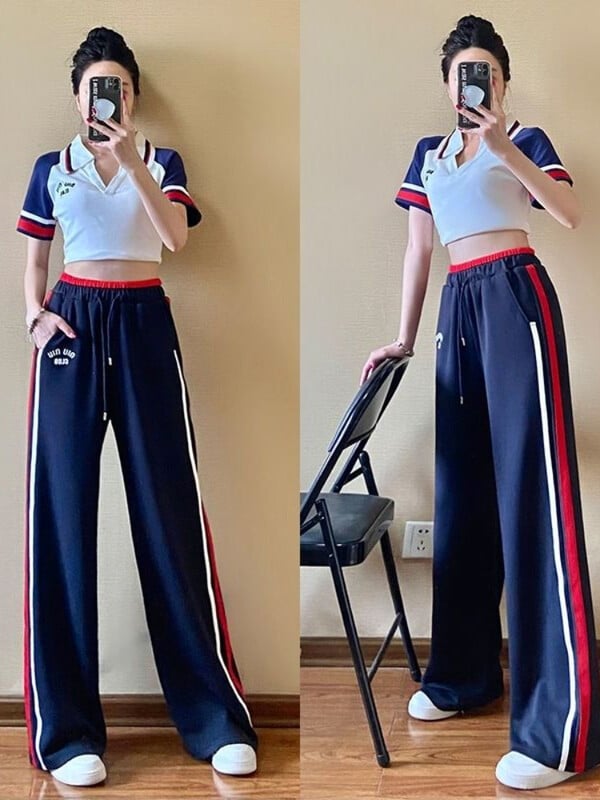 Ležérny športový top s krátkym rukávom, dvojdielna súprava, tepláková súprava, streetwear, sveter s klopou a široké nohavice, obleky, tepláková súprava