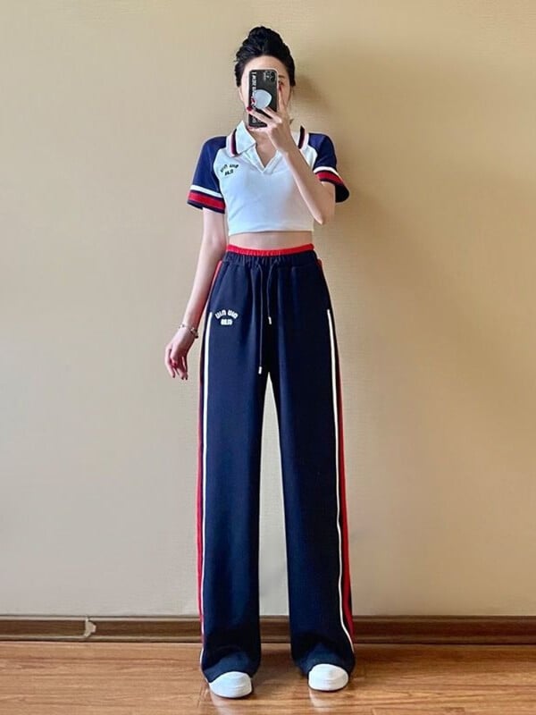 Ležérny športový top s krátkym rukávom, dvojdielna súprava, tepláková súprava, streetwear, sveter s klopou a široké nohavice, obleky, tepláková súprava