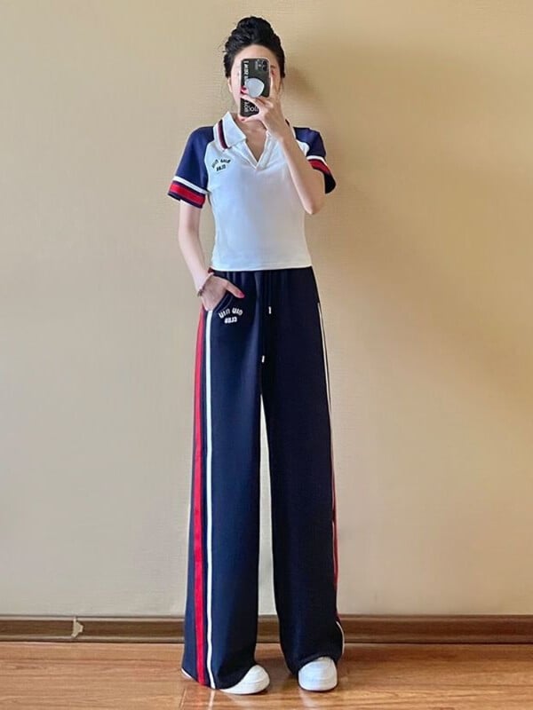 Ležérny športový top s krátkym rukávom, dvojdielna súprava, tepláková súprava, streetwear, sveter s klopou a široké nohavice, obleky, tepláková súprava