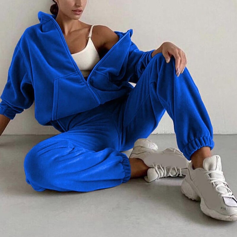 2 τεμάχια/Σετ μακριά μανίκια με δύο τσέπες με φερμουάρ και συρρικνούμενες μανσέτες γυναικεία αθλητική φόρμα φθινοπώρου Χειμώνας μονόχρωμη φούτερ με κουκούλα