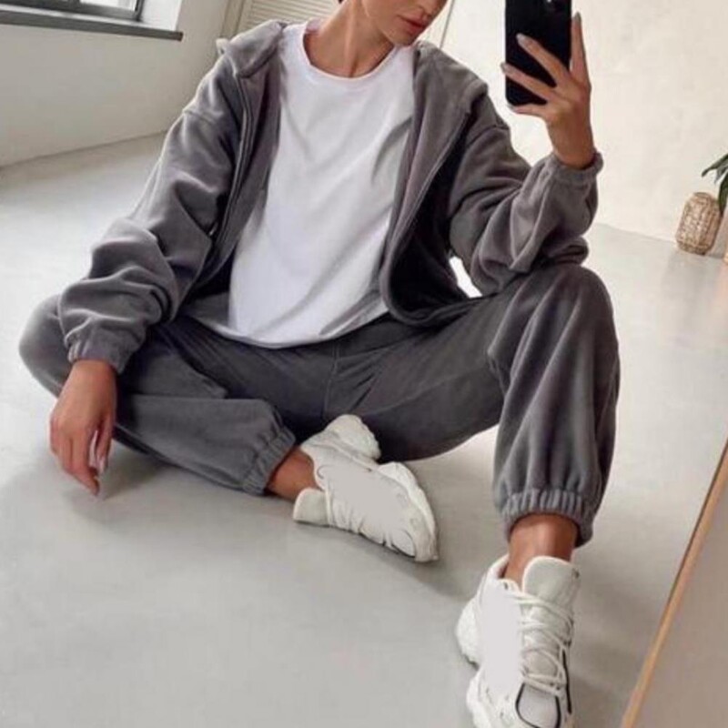 2 τεμάχια/Σετ μακριά μανίκια με δύο τσέπες με φερμουάρ και συρρικνούμενες μανσέτες γυναικεία αθλητική φόρμα φθινοπώρου Χειμώνας μονόχρωμη φούτερ με κουκούλα