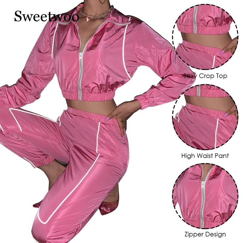 Sieviešu seksīgs atstarojošs treniņtērps, nakts versija, skriešanas komplekti, apkakle ar garām piedurknēm apgrieztu topiņu + ikdienas bikses, divdaļīgi sporta tērpi