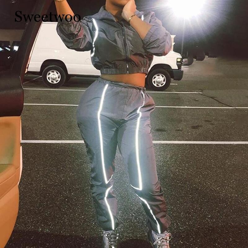 Sieviešu seksīgs atstarojošs treniņtērps, nakts versija, skriešanas komplekti, apkakle ar garām piedurknēm apgrieztu topiņu + ikdienas bikses, divdaļīgi sporta tērpi