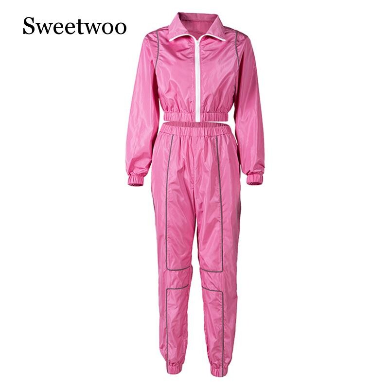 Sieviešu seksīgs atstarojošs treniņtērps, nakts versija, skriešanas komplekti, apkakle ar garām piedurknēm apgrieztu topiņu + ikdienas bikses, divdaļīgi sporta tērpi