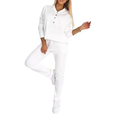 Sieviešu bikšu uzvalks Sieviešu V kakla poga Dekorēts augšējais elastīgo vidukļa bikses komplekts valkāšanai Sporta apģērbs vienkrāsains rudenim