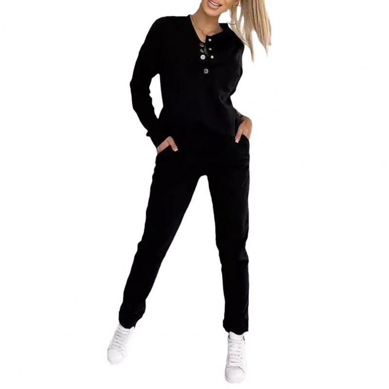 Sieviešu bikšu uzvalks Sieviešu V kakla poga Dekorēts augšējais elastīgo vidukļa bikses komplekts valkāšanai Sporta apģērbs vienkrāsains rudenim