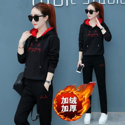 Badypczd Costume sportive pentru femeie, cu glugă, ocazional, cu glugă, pantaloni de jogging, cu picioare largi, coreeane, groase, două piese, ținute de iarnă pentru femei