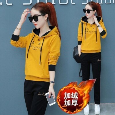 Badypczd Costume sportive pentru femeie, cu glugă, ocazional, cu glugă, pantaloni de jogging, cu picioare largi, coreeane, groase, două piese, ținute de iarnă pentru femei