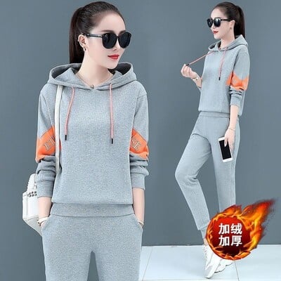 Badypczd Costume sportive pentru femeie, cu glugă, ocazional, cu glugă, pantaloni de jogging, cu picioare largi, coreeane, groase, două piese, ținute de iarnă pentru femei