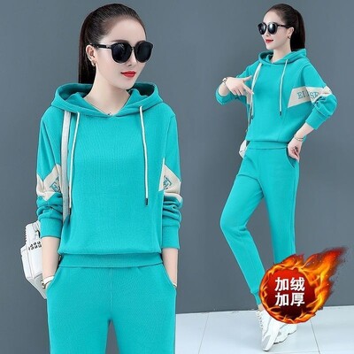 Badypczd Costume sportive pentru femeie, cu glugă, ocazional, cu glugă, pantaloni de jogging, cu picioare largi, coreeane, groase, două piese, ținute de iarnă pentru femei