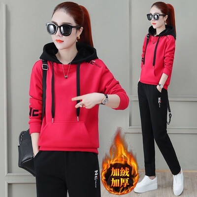 Badypczd Costume sportive pentru femeie, cu glugă, ocazional, cu glugă, pantaloni de jogging, cu picioare largi, coreeane, groase, două piese, ținute de iarnă pentru femei