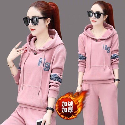 Badypczd Costume sportive pentru femeie, cu glugă, ocazional, cu glugă, pantaloni de jogging, cu picioare largi, coreeane, groase, două piese, ținute de iarnă pentru femei