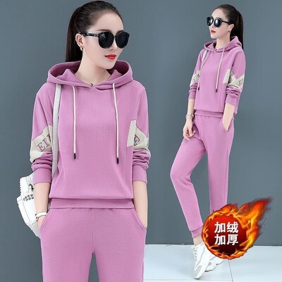 Badypczd Costume sportive pentru femeie, cu glugă, ocazional, cu glugă, pantaloni de jogging, cu picioare largi, coreeane, groase, două piese, ținute de iarnă pentru femei