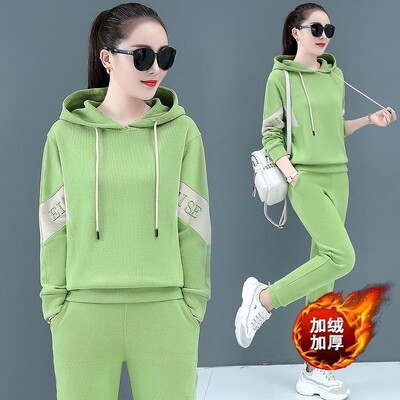 Badypczd Costume sportive pentru femeie, cu glugă, ocazional, cu glugă, pantaloni de jogging, cu picioare largi, coreeane, groase, două piese, ținute de iarnă pentru femei