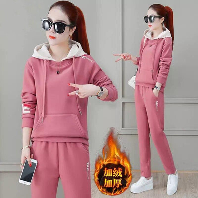 Badypczd Costume sportive pentru femeie, cu glugă, ocazional, cu glugă, pantaloni de jogging, cu picioare largi, coreeane, groase, două piese, ținute de iarnă pentru femei