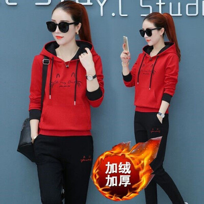 Badypczd Costume sportive pentru femeie, cu glugă, ocazional, cu glugă, pantaloni de jogging, cu picioare largi, coreeane, groase, două piese, ținute de iarnă pentru femei