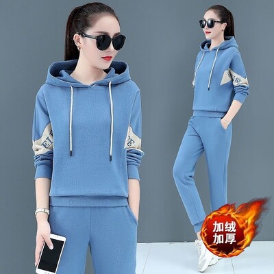 Badypczd Costume sportive pentru femeie, cu glugă, ocazional, cu glugă, pantaloni de jogging, cu picioare largi, coreeane, groase, două piese, ținute de iarnă pentru femei