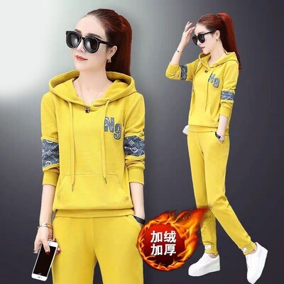 Badypczd Costume sportive pentru femeie, cu glugă, ocazional, cu glugă, pantaloni de jogging, cu picioare largi, coreeane, groase, două piese, ținute de iarnă pentru femei