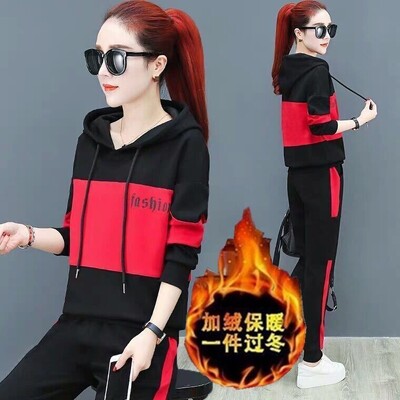 Badypczd Costume sportive pentru femeie, cu glugă, ocazional, cu glugă, pantaloni de jogging, cu picioare largi, coreeane, groase, două piese, ținute de iarnă pentru femei