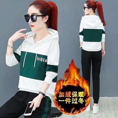 Badypczd Costume sportive pentru femeie, cu glugă, ocazional, cu glugă, pantaloni de jogging, cu picioare largi, coreeane, groase, două piese, ținute de iarnă pentru femei