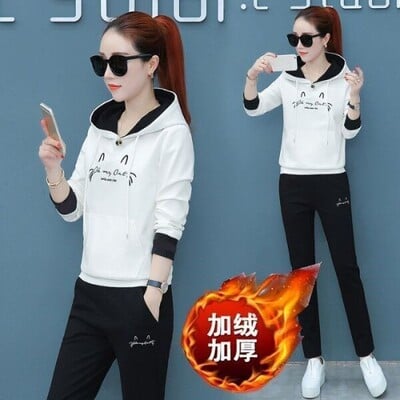 Badypczd Costume sportive pentru femeie, cu glugă, ocazional, cu glugă, pantaloni de jogging, cu picioare largi, coreeane, groase, două piese, ținute de iarnă pentru femei