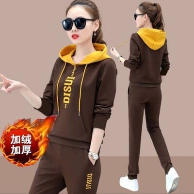 Badypczd Costume sportive pentru femeie, cu glugă, ocazional, cu glugă, pantaloni de jogging, cu picioare largi, coreeane, groase, două piese, ținute de iarnă pentru femei