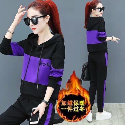 Badypczd Costume sportive pentru femeie, cu glugă, ocazional, cu glugă, pantaloni de jogging, cu picioare largi, coreeane, groase, două piese, ținute de iarnă pentru femei