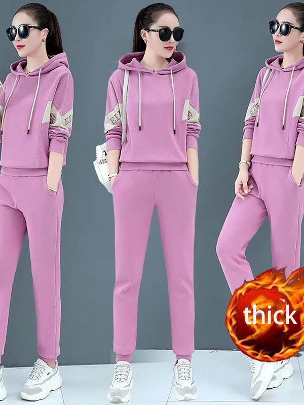 Badypczd Costume sportive pentru femeie, cu glugă, ocazional, cu glugă, pantaloni de jogging, cu picioare largi, coreeane, groase, două piese, ținute de iarnă pentru femei