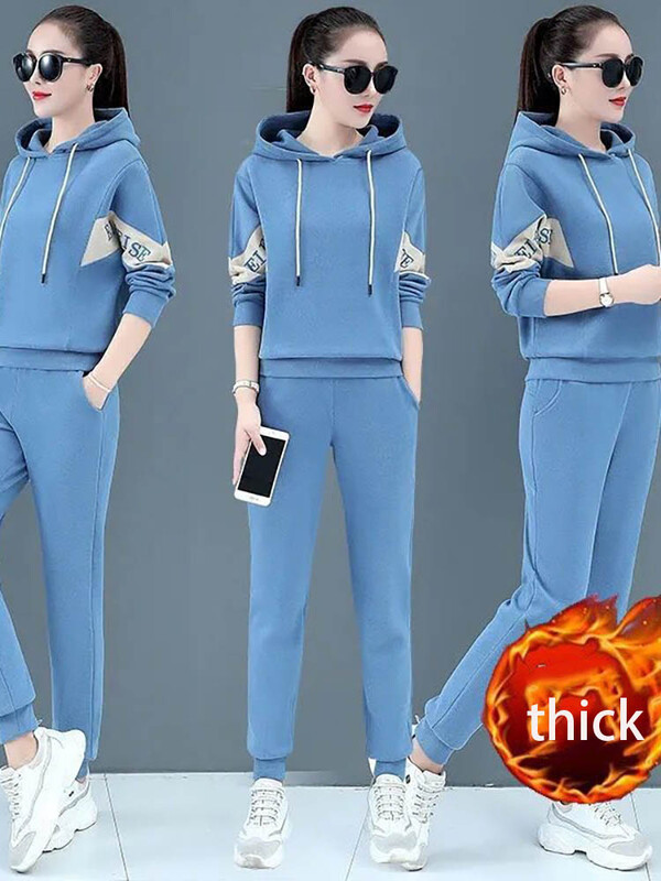 Badypczd Costume sportive pentru femeie, cu glugă, ocazional, cu glugă, pantaloni de jogging, cu picioare largi, coreeane, groase, două piese, ținute de iarnă pentru femei