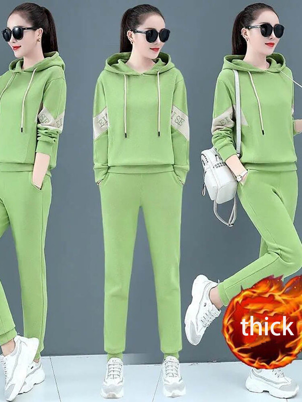 Badypczd Costume sportive pentru femeie, cu glugă, ocazional, cu glugă, pantaloni de jogging, cu picioare largi, coreeane, groase, două piese, ținute de iarnă pentru femei