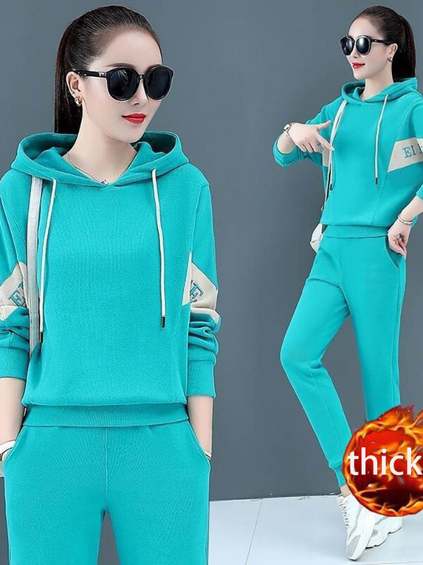 Badypczd Costume sportive pentru femeie, cu glugă, ocazional, cu glugă, pantaloni de jogging, cu picioare largi, coreeane, groase, două piese, ținute de iarnă pentru femei